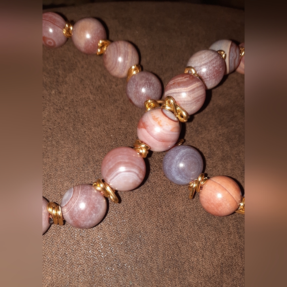 Banded agate set bead necklace pave crystal clasp matching gemstone earrings - Picture 9 of 16